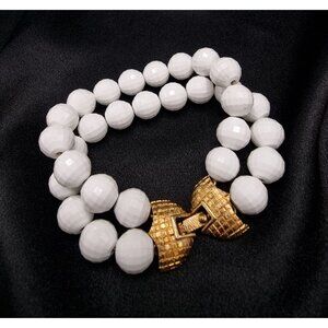 Vintage 60s-70s MONET Signed Gold & White Beaded Double Strand Bracelet With Tex